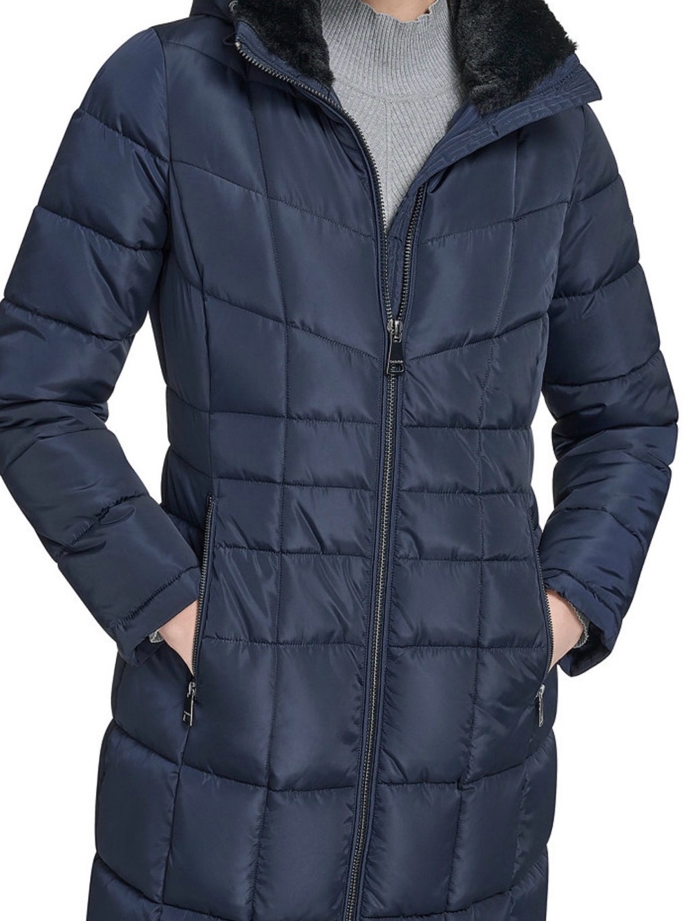 NEW Women's Calvin Klein Navy Quilted Hooded Puffer Coat